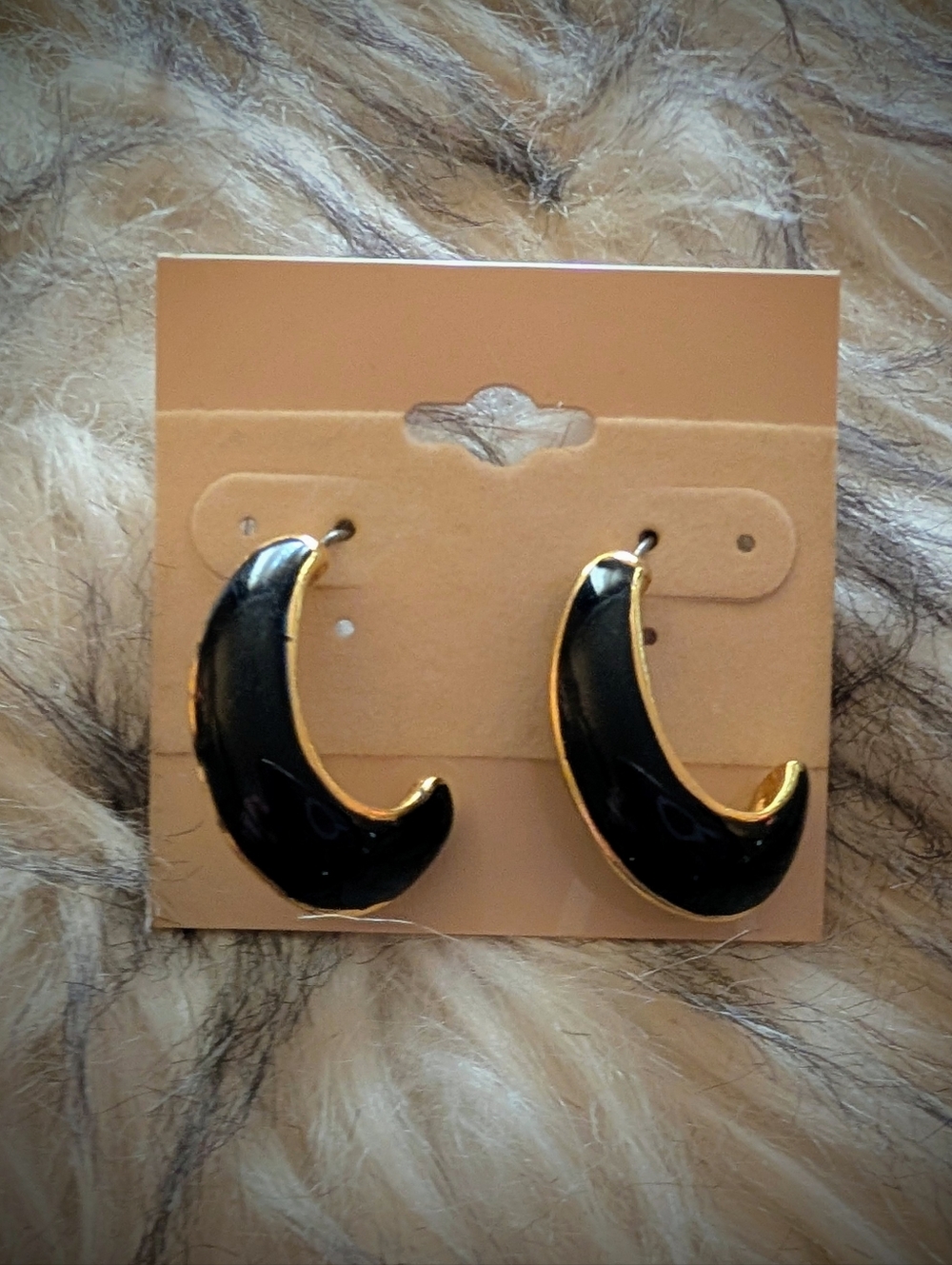 Vintage Black Enamel Crescent Hoop Earrings with Gold Trim